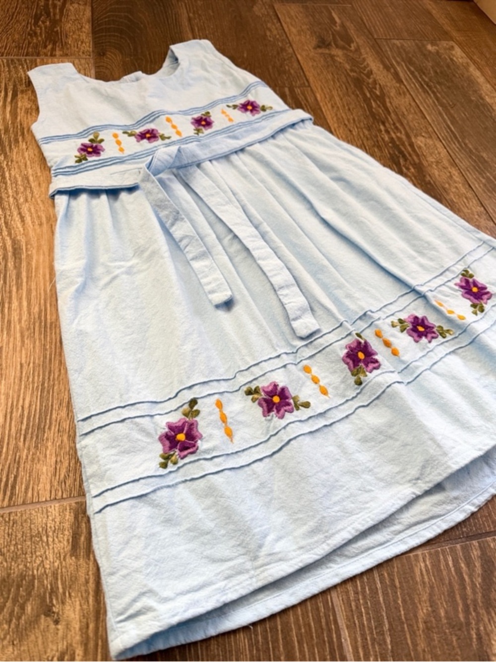 Light Blue Girls' Embroidered Floral Sundress with Tie Waist—4T - Picture 4 of 6